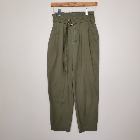 Forever 21 Olive Green High Rise Paperbag Belted Chino Trousers Small - Picture 3 of 7